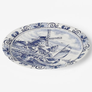 Classic Vintage Chic Dutch Windmill Delft Blue Paper Plate