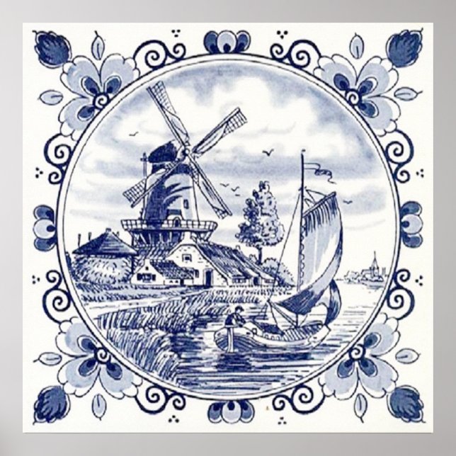 Classic Vintage Chic Dutch Windmill Delft Blue Poster (Front)