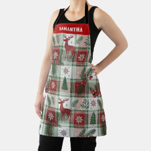 Classic Vintage Christmas Plaid & Holly Pattern Apron