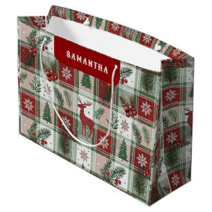 Classic Vintage Christmas Plaid & Holly Pattern Large Gift Bag