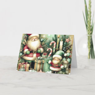Classic Vintage Christmas Santa & Elf Blank  Holiday Card