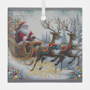 Classic/Vintage Christmas Santa & reindeer Glass Ornament