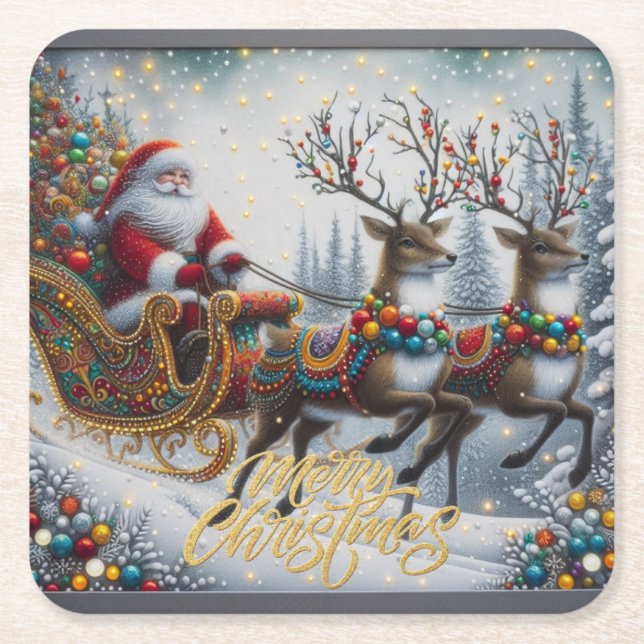 Classic/Vintage Christmas Santa & reindeer  Square Paper Coaster (Front)
