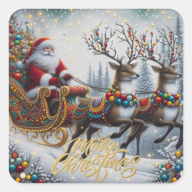 Classic/Vintage Christmas Santa & reindeer  Square Sticker (Front)