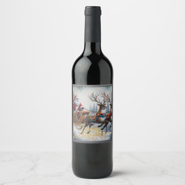 Classic/Vintage Christmas Santa & reindeer  Wine Label (Front)