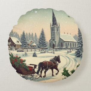 Classic/Vintage Christmas scene  Round Pillow