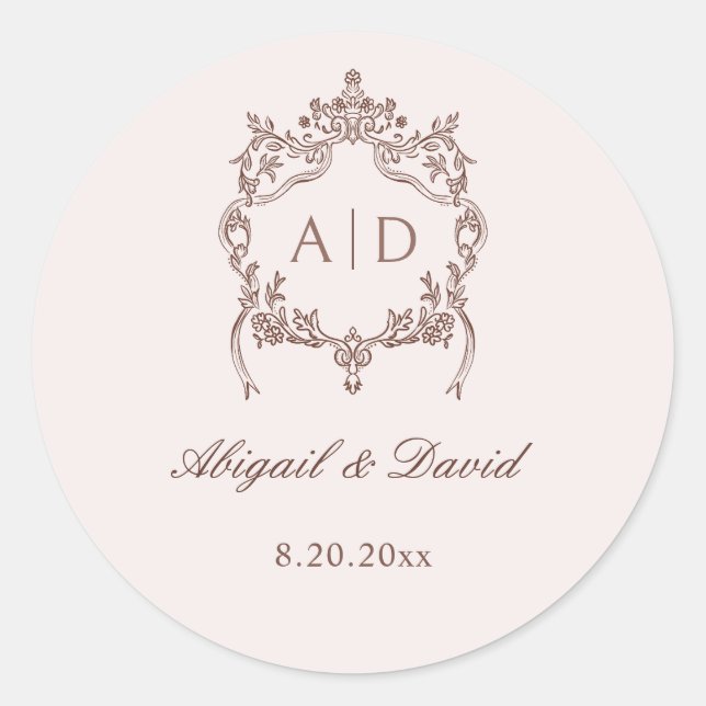 Classic Vintage Crest Wedding Monograms Classic Round Sticker (Front)