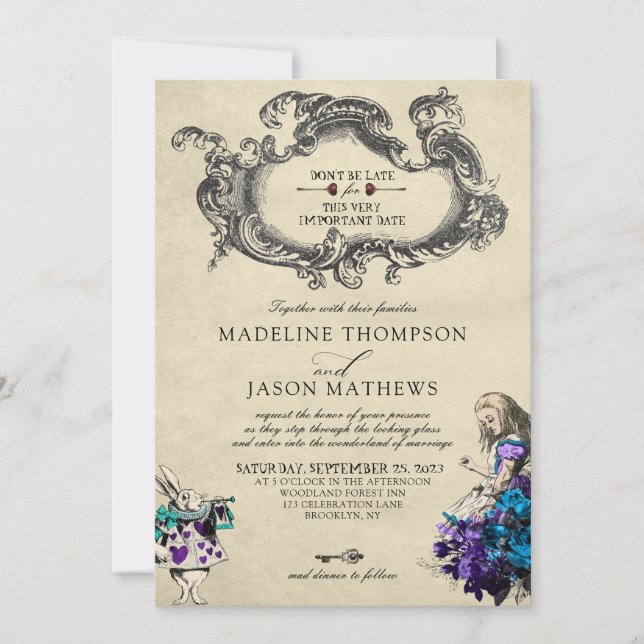 Classic Vintage Dark Alice in Wonderland Wedding Invitation (Front)