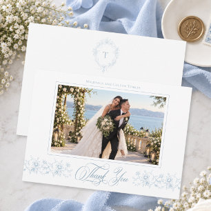 Classic Vintage Dusty Blue Wedding Photo Thank You Card