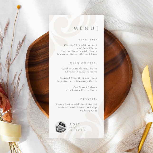Classic Vintage Elegant Script Sage Photo Wedding Menu (Creator Uploaded)