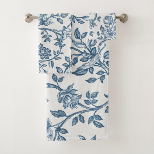 Classic Vintage French Engraved Floral Toile-Blue Bath Towel Set