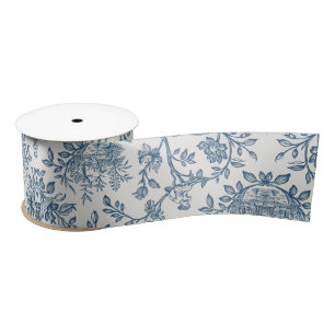 Classic Vintage French Engraved Floral Toile-Blue Satin Ribbon