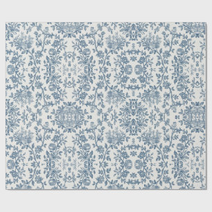 Classic Vintage French Engraved Floral Toile-Blue Wrapping Paper