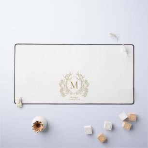 Classic Vintage Gold Floral Crest Monogram Desk Mat