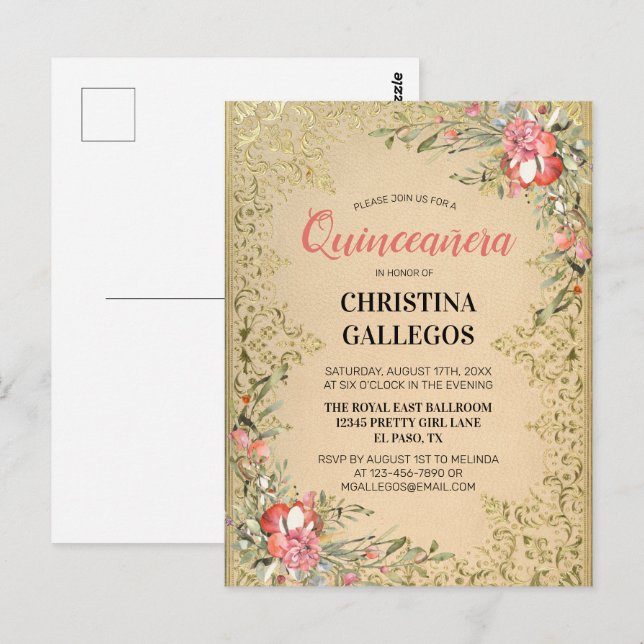 Classic Vintage Gold Pink Floral Quinceanera Postcard (Front/Back)