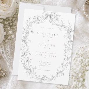 Classic Vintage Grey Black Floral Wreath Wedding Invitation