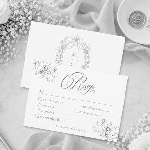 Classic Vintage Grey Black Floral Wreath Wedding RSVP Card