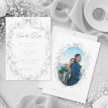 Classic Vintage Grey Black Wreath Photo Save Date