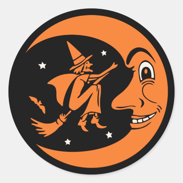 Classic Vintage Halloween Moon and Witch Round Sticker (Front)