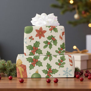 Classic Vintage Holiday Whimsical Boho Floral Pine Wrapping Paper