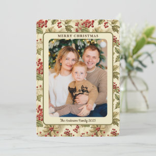 Classic Vintage Holly Berries Photo Christmas Holiday Card