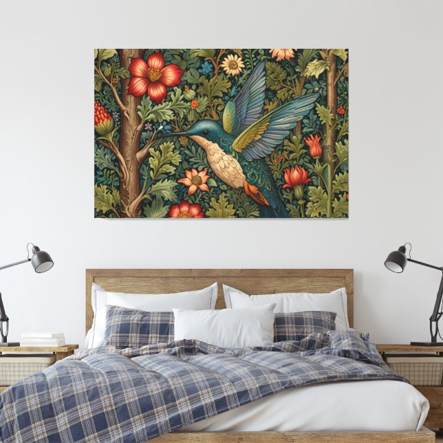 Classic vintage hummingbird art bohemian chic canvas print (Insitu(Bedroom))
