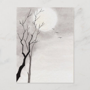 Classic vintage japanese night moon scenery sumi-e postcard