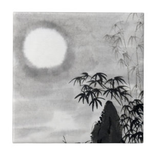 Classic vintage japanese night moon scenery sumi-e tile