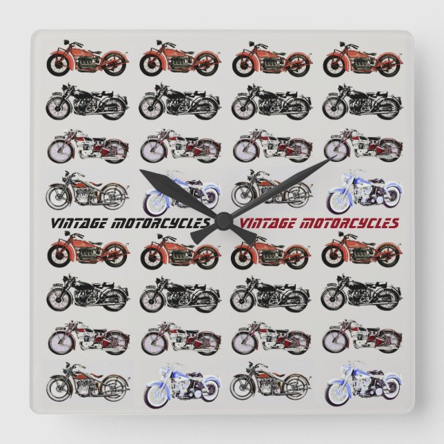 CLASSIC VINTAGE MOTORCYCLES SQUARE WALL CLOCK (Front)