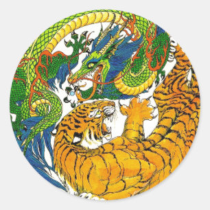 Classic Vintage oriental Yin Yang Dragon Tiger art Round Sticker