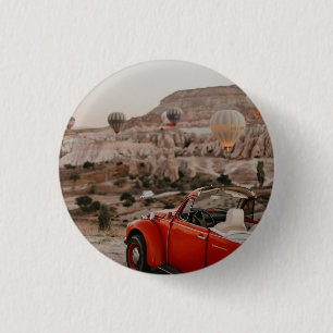 Classic Vintage Red Car Watching Hot Air Balloons  1 Inch Round Button