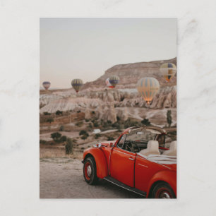 Classic Vintage Red Car Watching Hot Air Balloons  Holiday Postcard