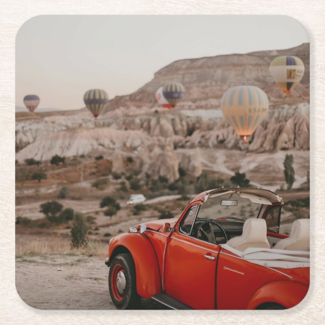 Classic Vintage Red Car Watching Hot Air Balloons  Square Paper Coaster (Front)