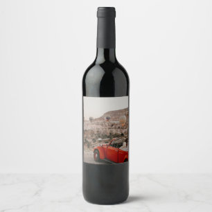 Classic Vintage Red Car Watching Hot Air Balloons  Wine Label