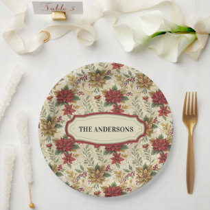 Classic Vintage Red & Gold Poinsettia Floral Paper Plate