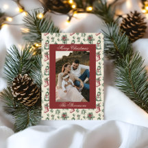 Classic Vintage Red Toile De Jouy Photo Christmas