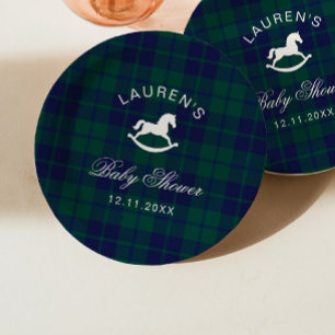 Classic Vintage Rocking Horse Plaid Baby Shower Paper Plate