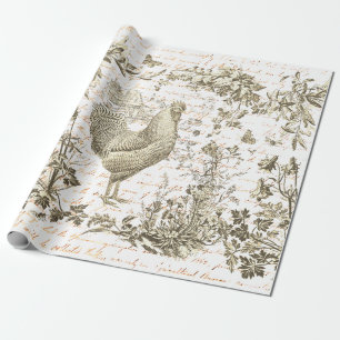 Classic Vintage Rooster Beige Floral Script Wrapping Paper