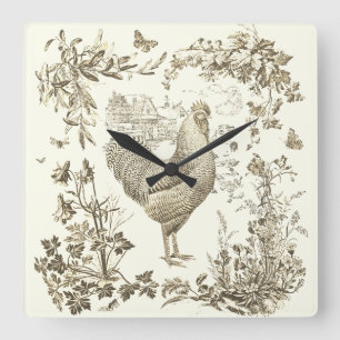 Classic Vintage Rooster Beige Floral Toile Square Wall Clock