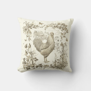 Classic Vintage Rooster Beige Floral Toile Throw Pillow