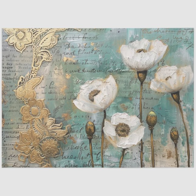 Classic Vintage Rustic White Poppies Decoupage  Tissue Paper (Front)