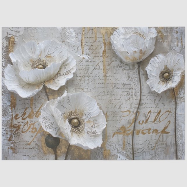 Classic Vintage Rustic White Poppies Decoupage  Tissue Paper (Front)
