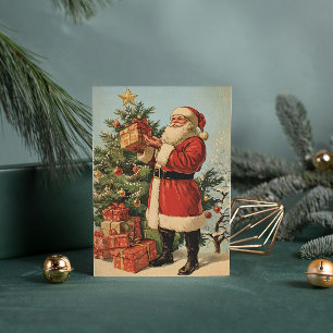 Classic Vintage Santa Claus Decorated Xmas Tree Holiday Card