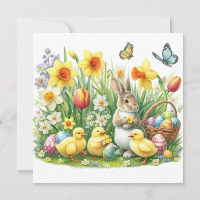 Classic/Vintage spring rabbit/chicken Holiday Card (Front)