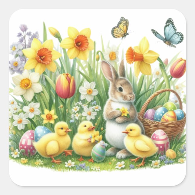 Classic/Vintage spring rabbit/chicken Square Sticker (Front)