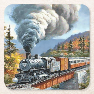Classic Vintage Steam Engine Train Square Paper Coaster