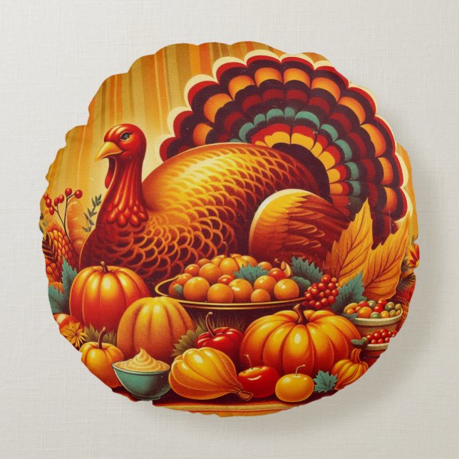 classic/vintage Thanksgiving Turkey Round Pillow (Front)