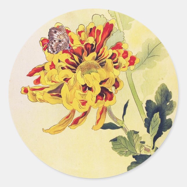 Classic vintage ukiyo-e chrysanthemum butterfly round sticker (Front)