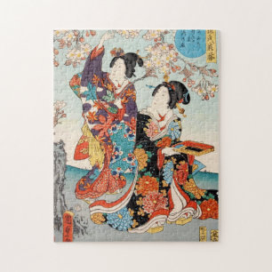 Classic vintage ukiyo-e two geishas Utagawa maiko Jigsaw Puzzle