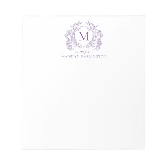 Classic Vintage Violet Floral Crest Monogram Notepad (Front)
